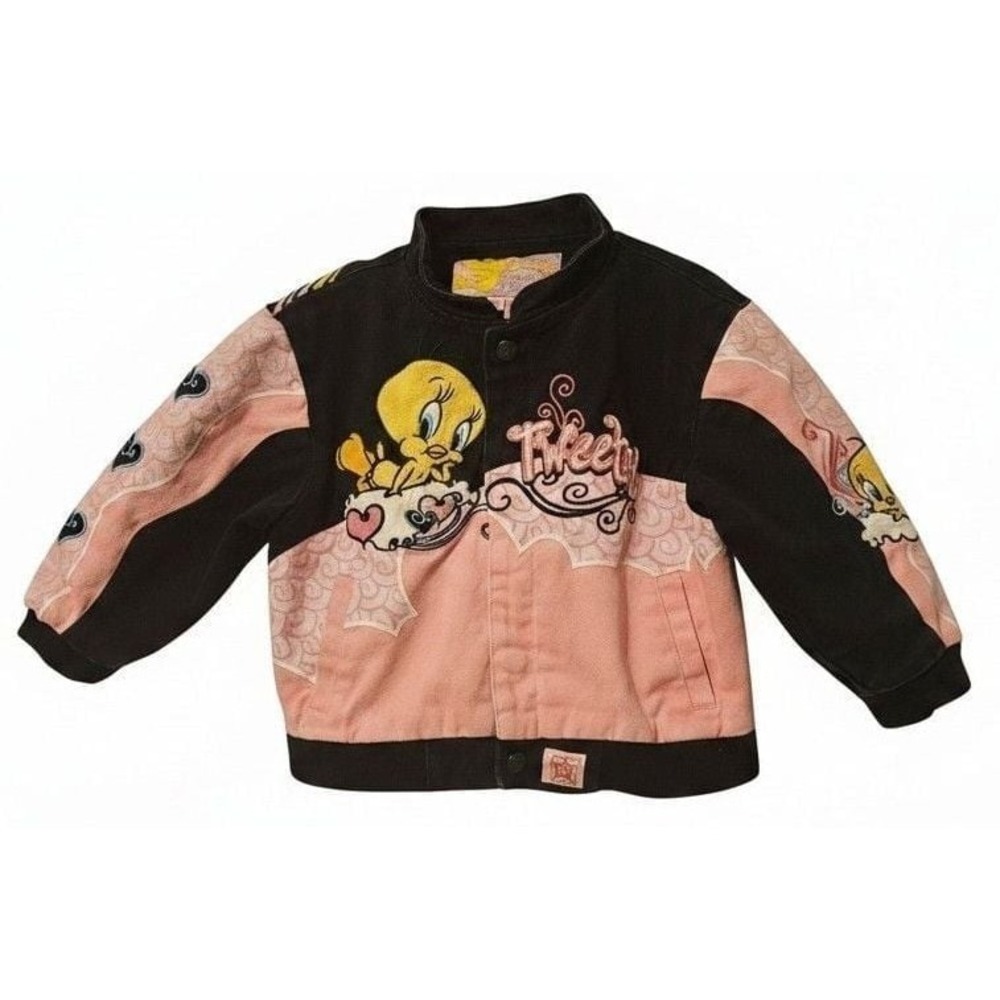 JH Design Looney Tunes Tweety Bird Pink and Black Kids Bomber Jacket Size 4T